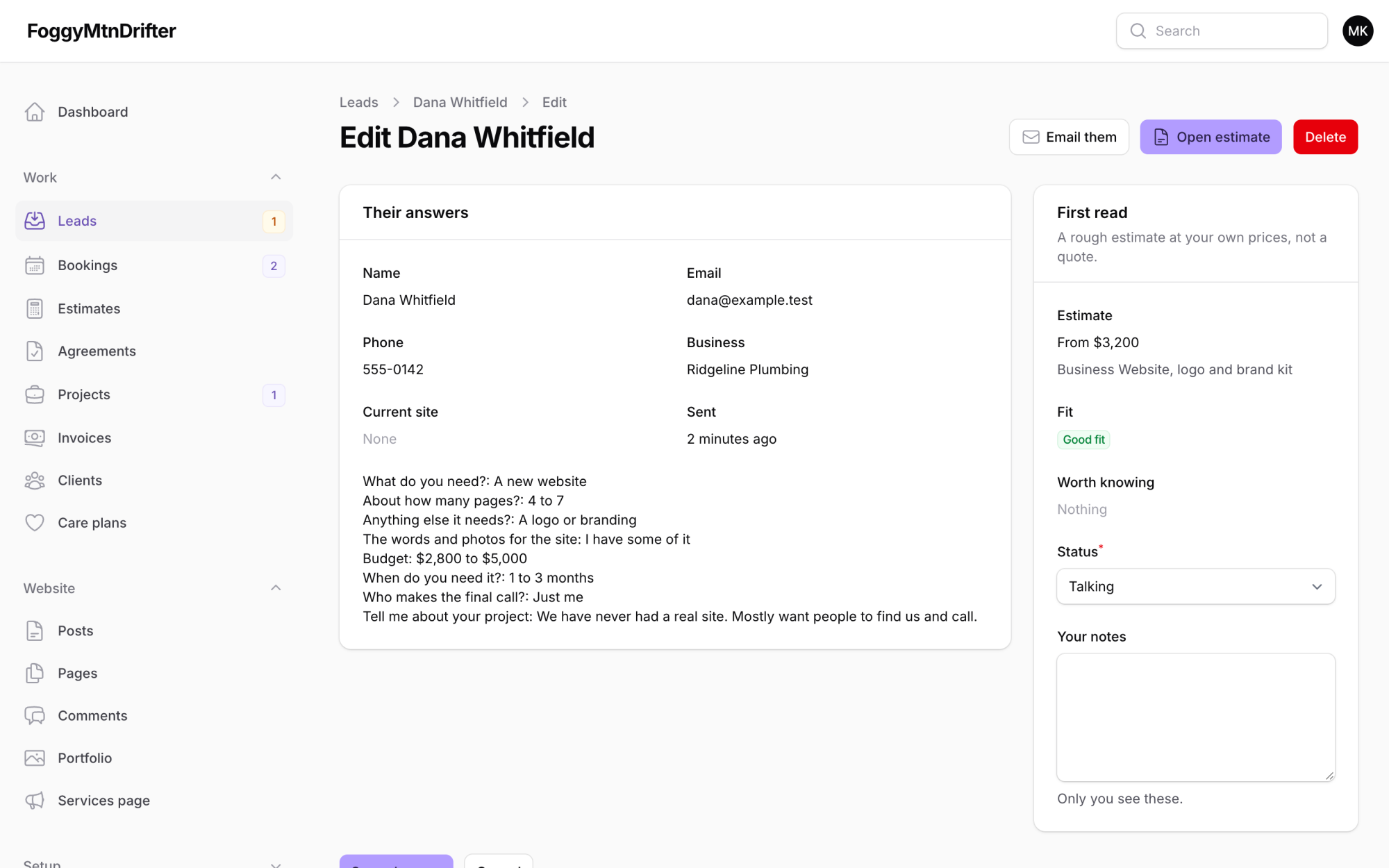 A screenshot of the admin panel showing the form submission entry page.