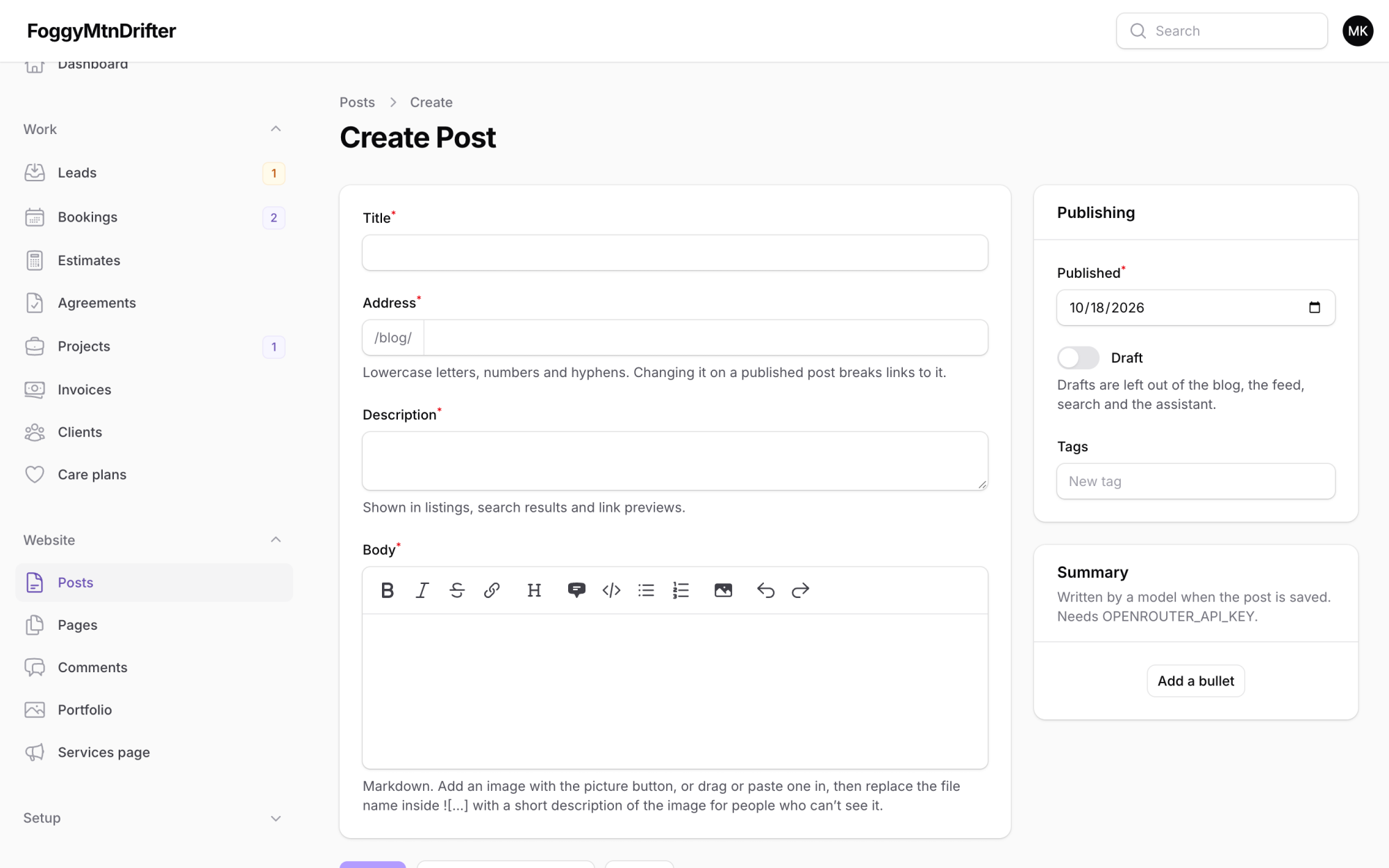 A screenshot of the admin panel, showcasing the “Create Post” screen.