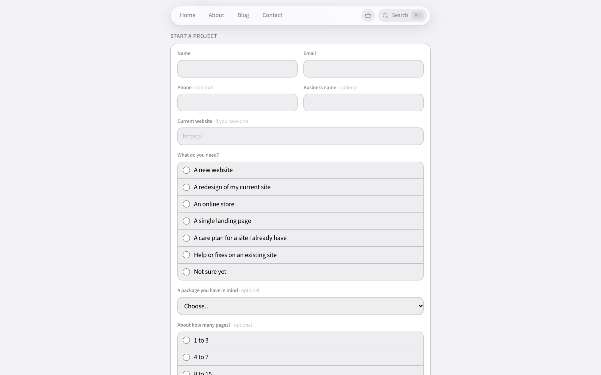 A screenshot showing the project inquiry form.