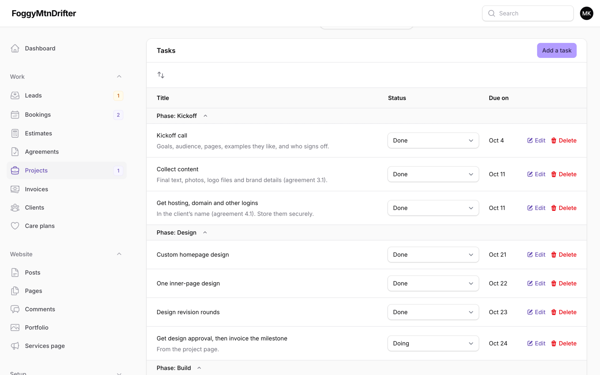 A screenshot showcasing the project management module of the site, specifically the task entries on a project.