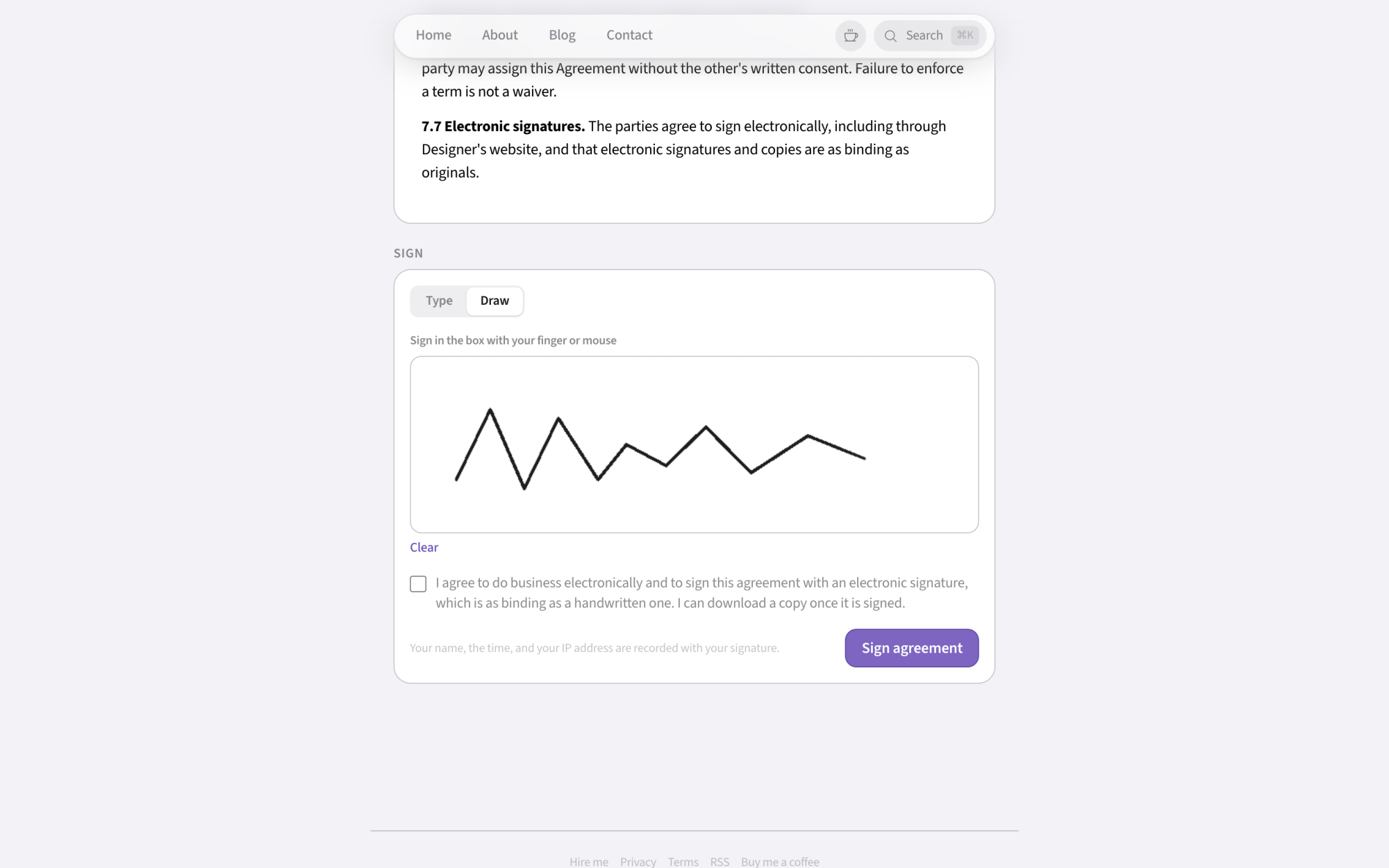 A screenshot showcasing the agreement signing function of the site.